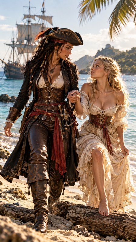 Female pirate captain holds hands to help a blonde woman step over driftwood on a sunlit tropical island beach