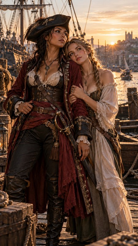 Female pirate captain and her partner stand arm in arm on a ship dock at golden sunset