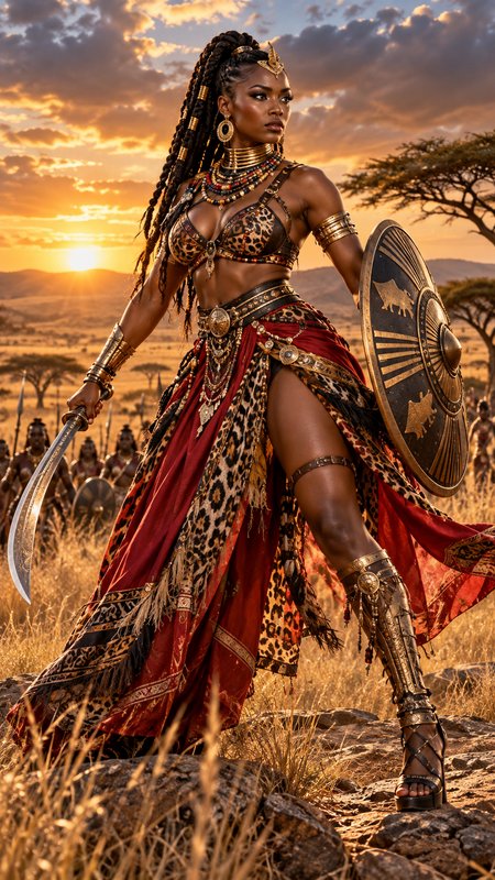 Regal African warrior queen stands holding a sword and shield on sunlit savanna at golden sunset