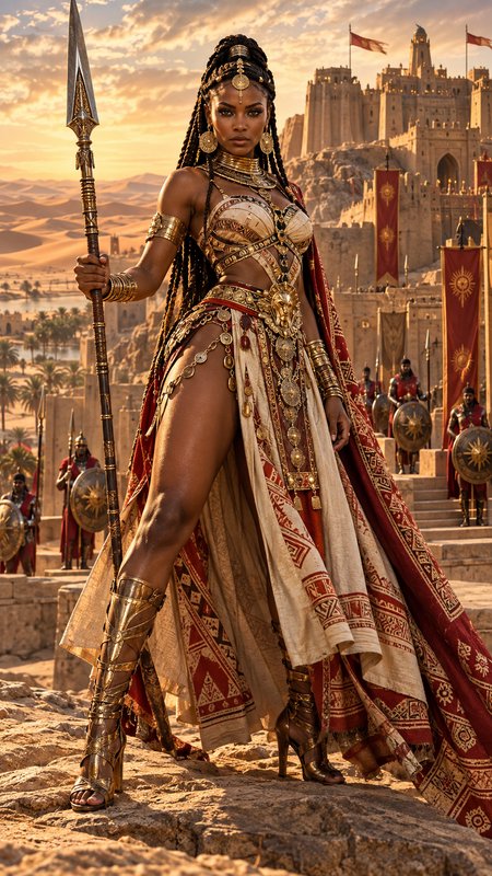 Warrior queen holding an ornate spear stands on desert cliffs before a grand fortress at golden sunset