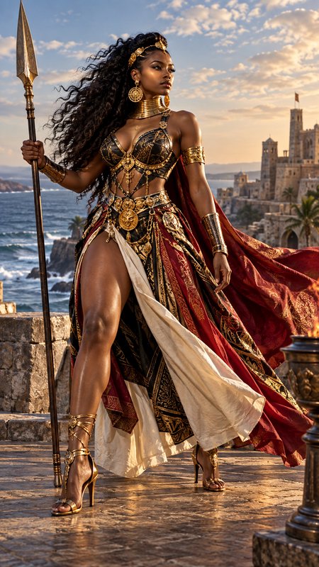 Regal Black warrior queen holding a spear stands on a coastal fortress terrace at golden sunset