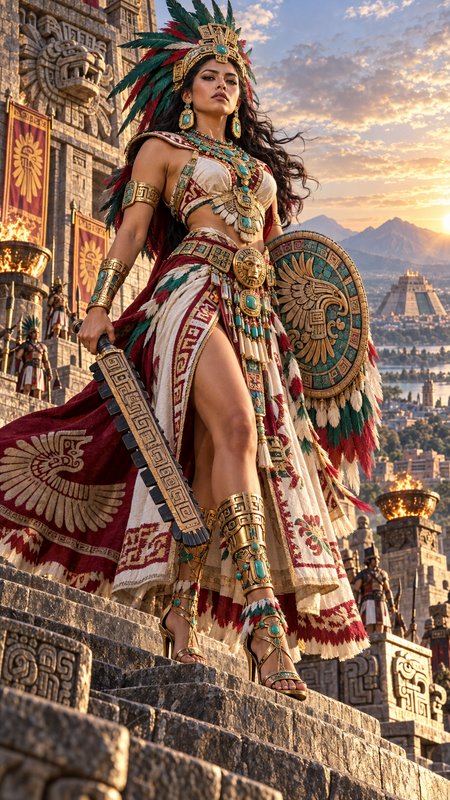 Aztec warrior queen in ceremonial feathered regalia stands on stone pyramid steps holding a sword and shield at sunset