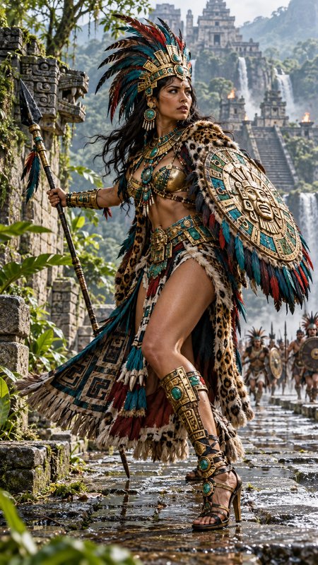 Aztec warrior queen holding a spear and shield stands on a wet stone path before ancient jungle pyramids