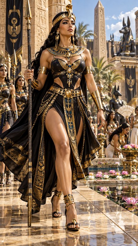 Regal ancient Egyptian queen in ornate black and gold regalia strides through a sunlit temple courtyard