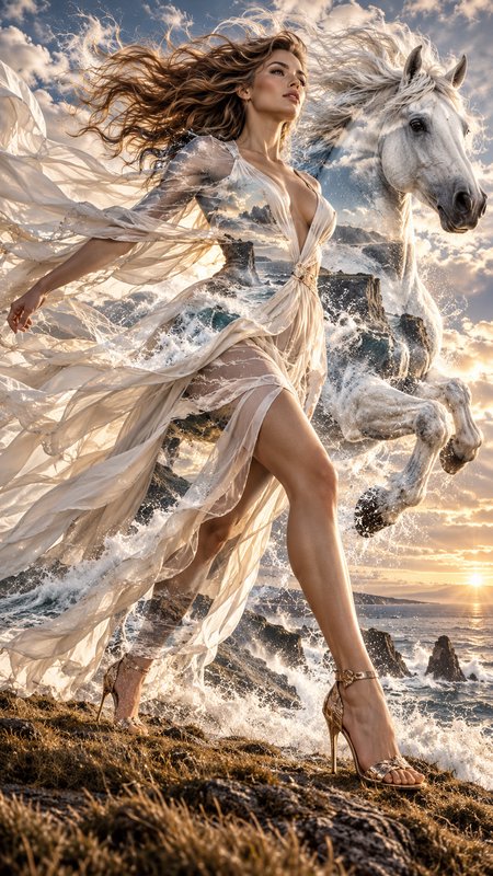 Surreal double exposure of woman in flowing gown blended with rearing white horse on a coastal cliff at sunset