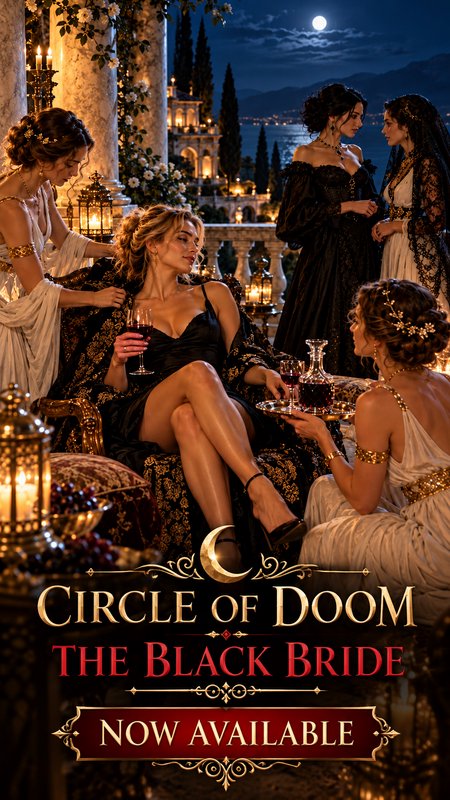 Romantasy book cover for Circle of Doom The Black Bride, showing an aristocratic gathering on a m...