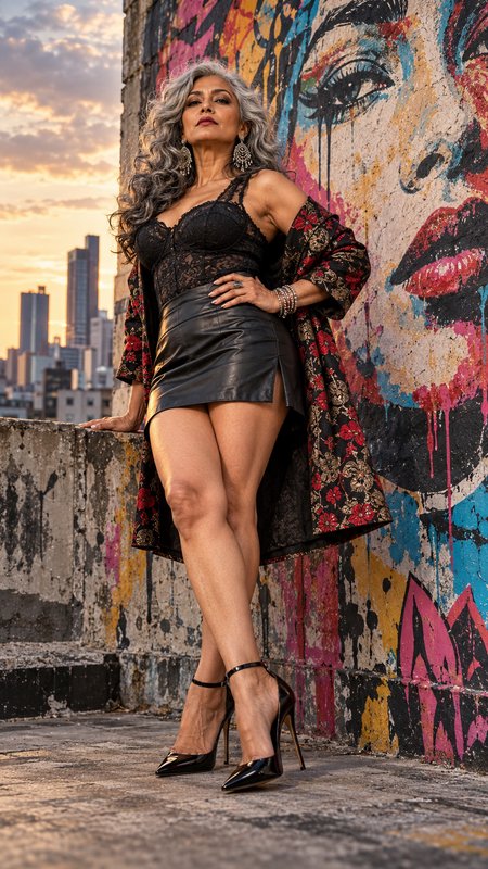 Confident mature woman with silver curly hair poses on a graffiti-covered city rooftop at golden sunset