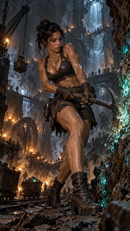 Muscular female miner swings a pickaxe at glowing teal ore in a sprawling underground steampunk mine