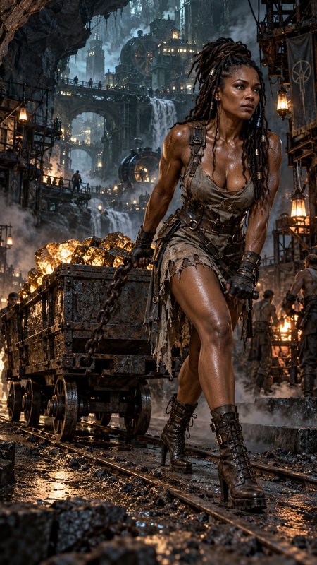 Muscular steampunk miner woman pulling a loaded gold ore cart through an underground industrial mine
