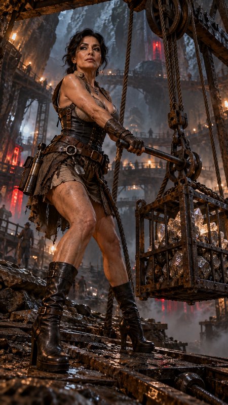 Strong steampunk female miner operates a hoist lifting glowing crystal ore in an underground mine
