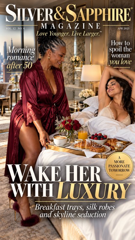 Silver & Sapphire magazine cover showing two women sharing a romantic luxury breakfast in a sunli...