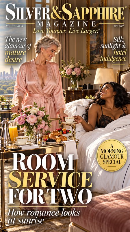 Silver & Sapphire magazine cover showing two women enjoying breakfast room service in an elegant ...