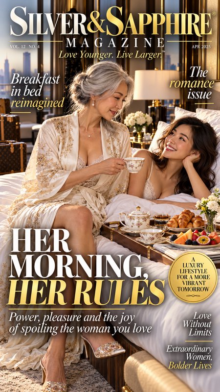 Luxury Silver & Sapphire magazine cover showing two women enjoying breakfast in a lavish city-vie...