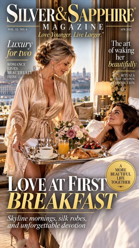 Luxury magazine cover showing a woman serving a gourmet breakfast tray to her partner in a sunlit...