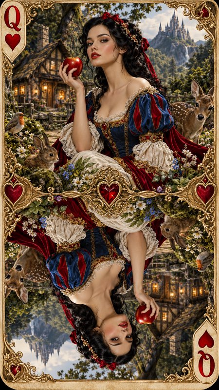 Symmetrical Queen of Hearts playing card depicting Snow White holding a red apple surrounded by f...