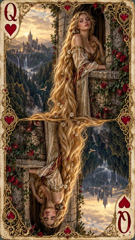 Ornate Queen of Hearts playing card featuring Rapunzel with impossibly long hair leaning from a stone tower window