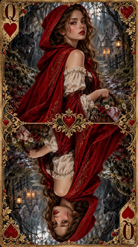 Reversible ornate Queen of Hearts playing card depicting Little Red Riding Hood with a wolf in a ...