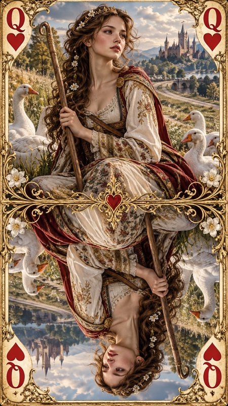 Ornate reversible Queen of Hearts playing card featuring a pastoral shepherdess, geese, and fairy...