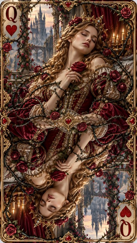 Ornate Queen of Hearts playing card with symmetrical sleeping royal figure, red roses, and fantas...