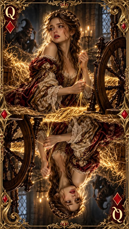 Reversible Queen of Diamonds playing card depicting a fairytale princess spinning golden thread a...