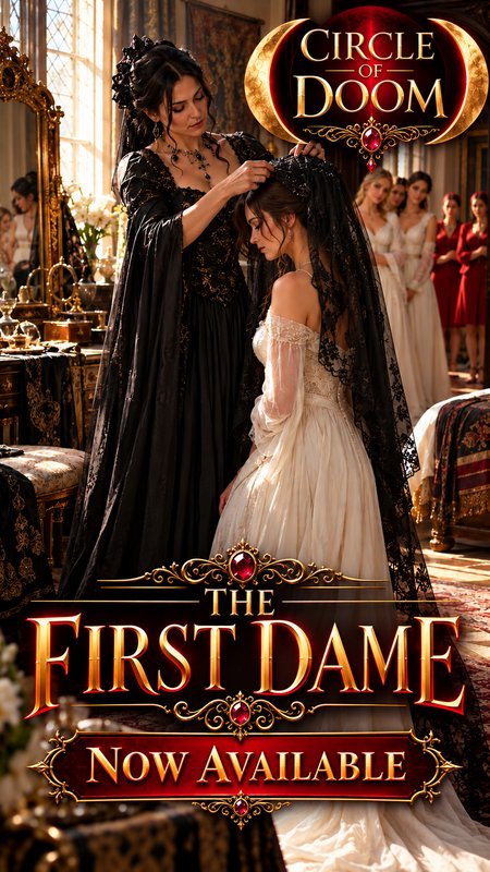 Woman in an ornate black gown adjusts a black lace veil on a somber bride in a sunlit royal bedch...