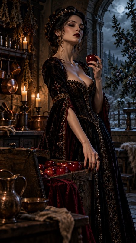 Regal dark fantasy noblewoman holds a glossy red apple in a candlelit medieval castle kitchen und...