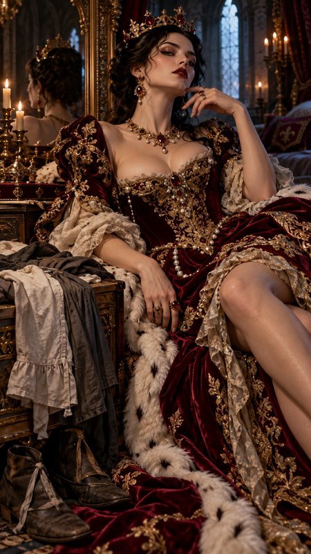 Regal renaissance queen wearing a jeweled crown reclines in a rich burgundy gown in a candlelit c...