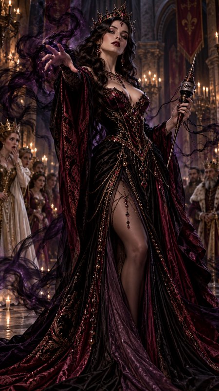 Powerful dark sorceress queen summons purple magic while holding a scepter in a candlelit royal t...
