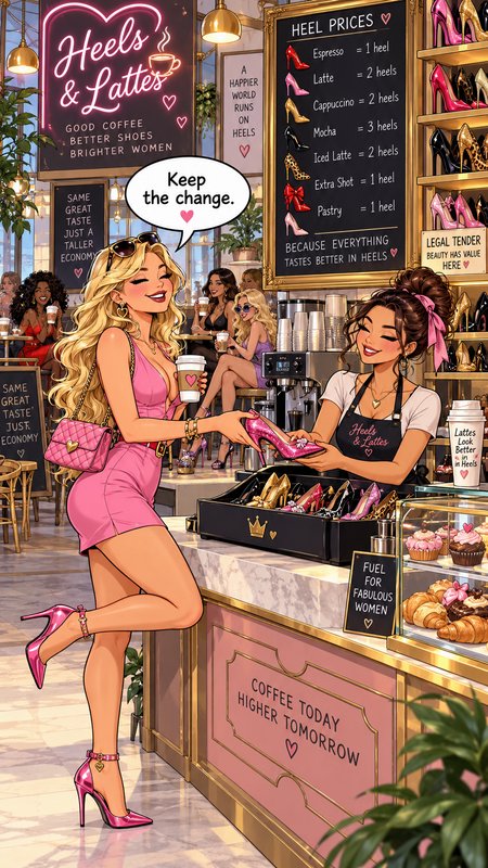 Blonde customer gives a pink stiletto as payment for coffee at the whimsical Heels & Lattes cafe