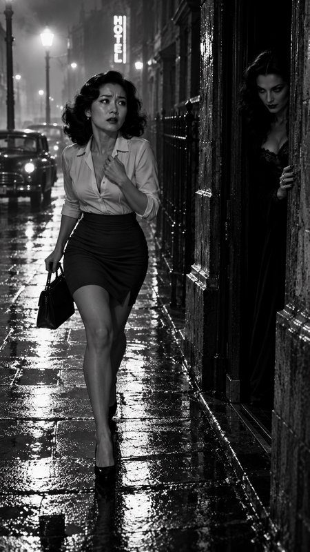 Anxious woman hurries down a rain-soaked 1940s city street while a mysterious woman watches from a doorway