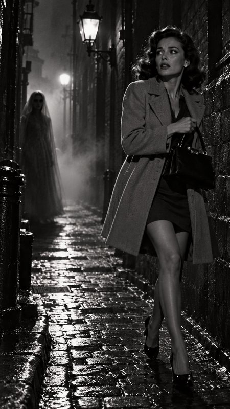 Anxious woman glances over her shoulder as a ghostly veiled figure follows her down a foggy wet city alley