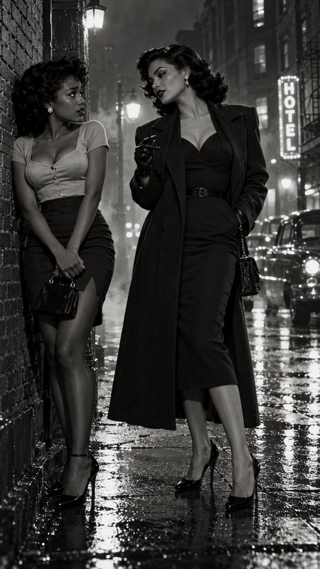 Two glamorous retro women stand on a rain-slicked 1940s city street at night in a noir scene