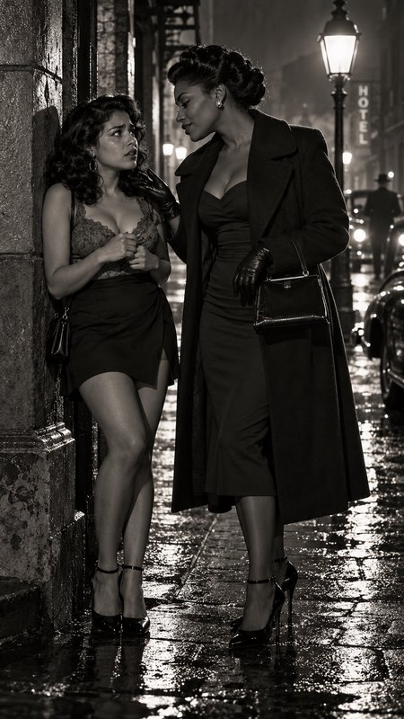 Two women in vintage noir attire converse on a wet rain-slicked city sidewalk at night