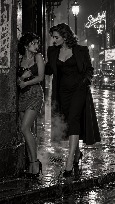 Two women in vintage noir styling converse on a rain-slicked 1940s city street at night