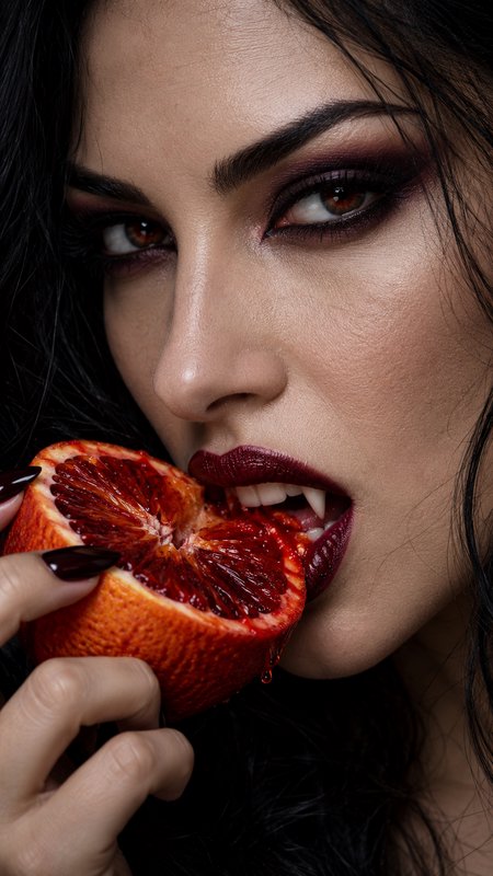 Vampire woman with sharp fangs bites into a juicy dripping blood orange close up