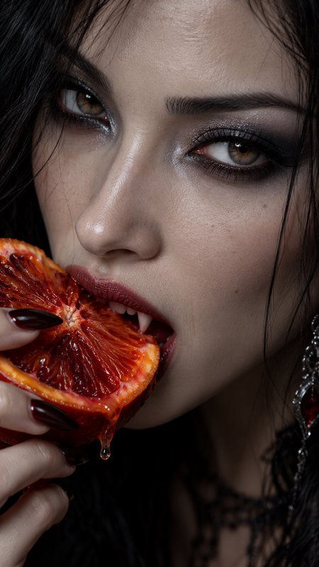 Gothic vampire woman biting a dripping blood orange slice in a close up portrait