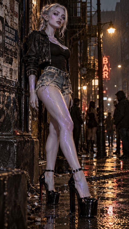 Platinum blonde elf woman leaning against a wall on a rain soaked urban city alley at night