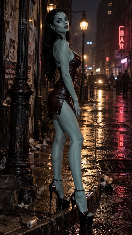 Tall teal-skinned alien woman in a mini dress stands on a rain-soaked downtown curb at night