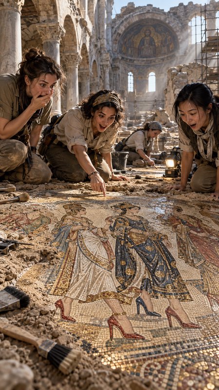 Three surprised archaeologists uncover an ancient mosaic depicting figures wearing modern high heels