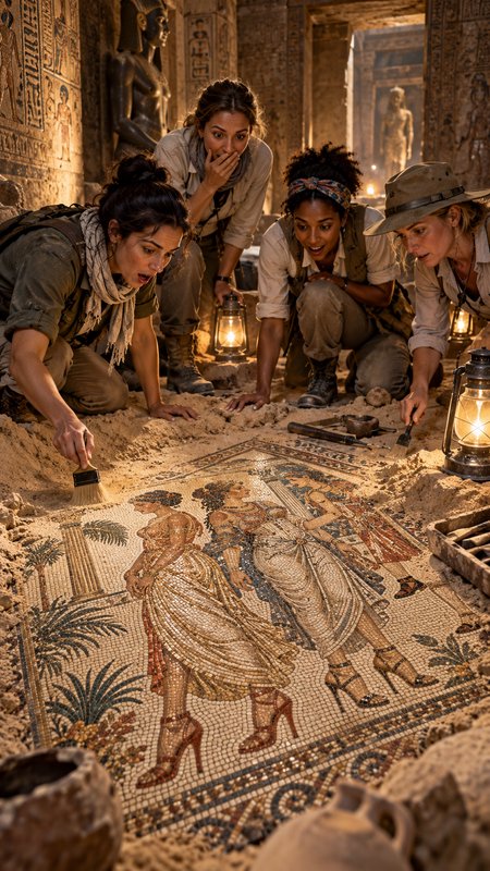 Four female archaeologists react with awe as they uncover a surprising mosaic inside an ancient Egyptian tomb