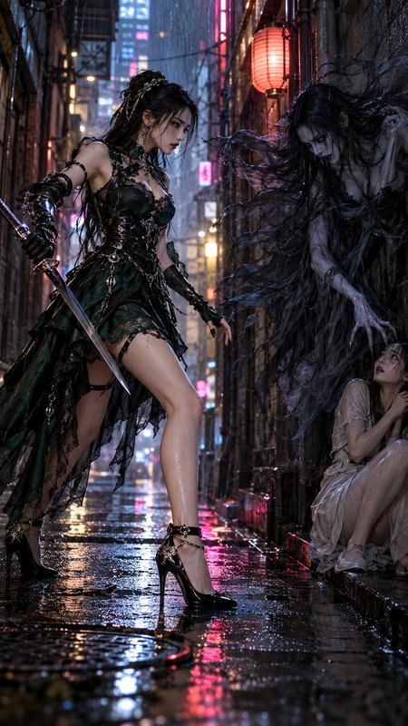 Sword-wielding guardian protects a frightened girl from a menacing wraith in a rain-soaked neon city alley