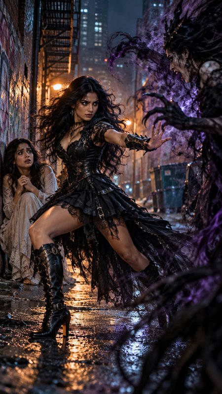 Fierce fantasy heroine defends a cowering woman from a dark magic entity in a rainy night city alley
