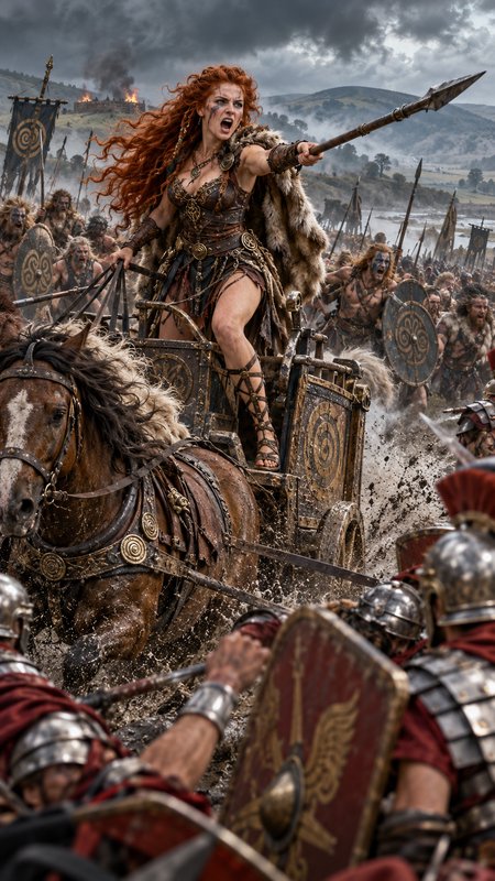 Red-haired Celtic warrior queen Boudica shouts orders from a horse-drawn war chariot leading a charge against Roman soldiers