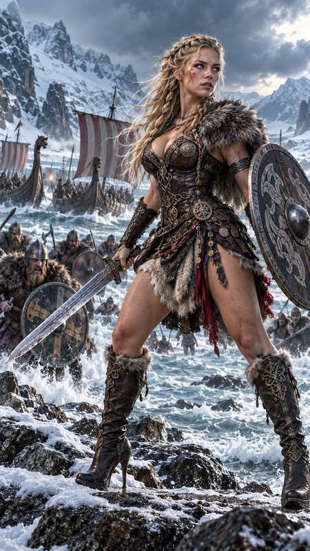 Fierce blonde viking shieldmaiden stands on snowy rocky shore holding sword and shield as raiders land behind her