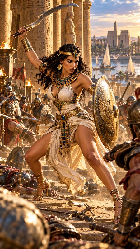 Fierce ancient Egyptian warrior queen fights with sword and shield amid a temple battle at golden sunset