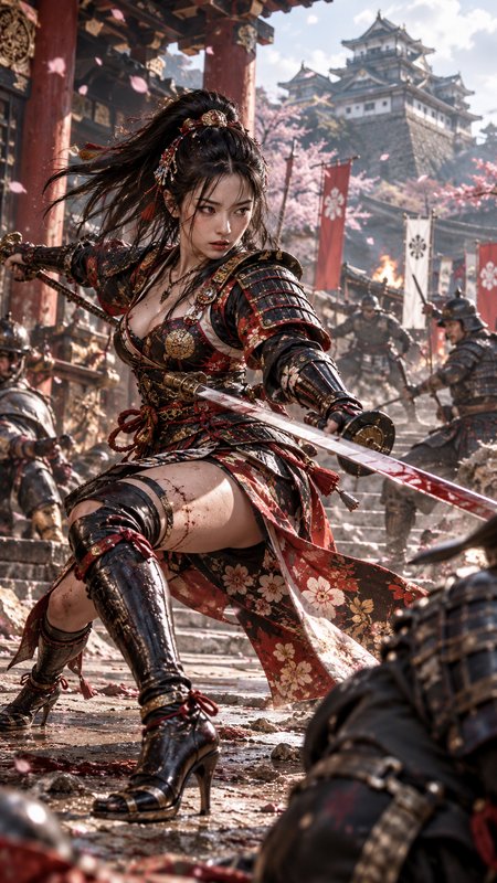 Female samurai warrior wielding bloodied katanas amid a chaotic Japanese castle battlefield with falling cherry blossoms