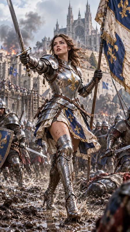 Joan of Arc in ornate plate armor leads troops across a muddy medieval battlefield holding a sword and royal flag