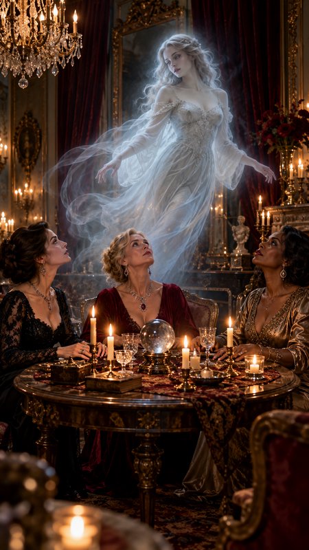 Three women at a candlelit seance gaze upward at a translucent ghostly female spirit hovering above their table
