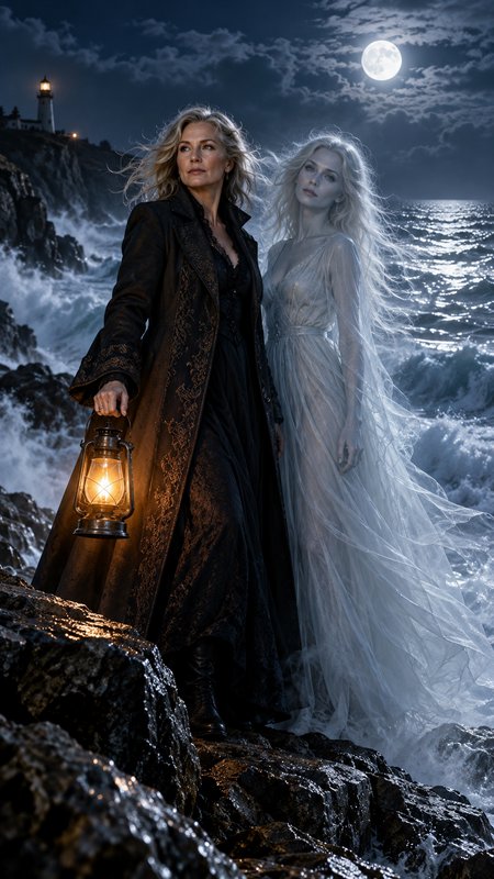 Woman holding a lit lantern stands beside a pale ghostly figure on a moonlit rocky coastal cliff