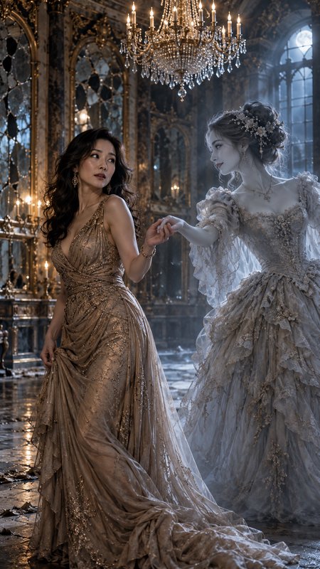 Woman in a shimmering gold gown holds hands with a ghostly rococo spirit inside a gilded decaying ballroom